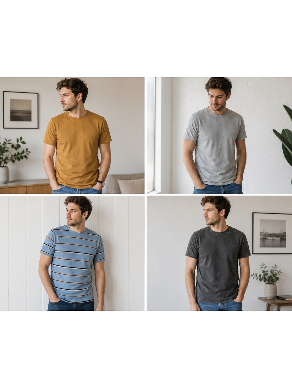 Set of 4 Men's MED Casual T-Shirts in Mustard, Gray, Blue Stripes, Vintage Black